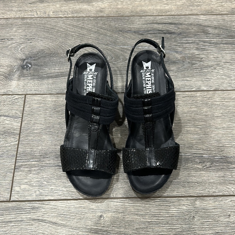 • Mephisto • Open Toe Wedge Sandals Black Leather 38 Women’s - Picture 2 of 4